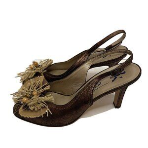 Peter‎ Kaiser Bronze Metallic Leather Raffia Bead Slingback Peep Toe Heels 8